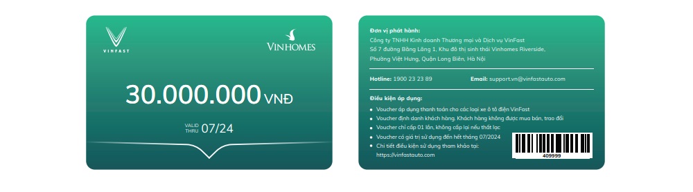 Voucher Vinhomes mua xe điện VinFast mệnh giá 30 triệu đồng