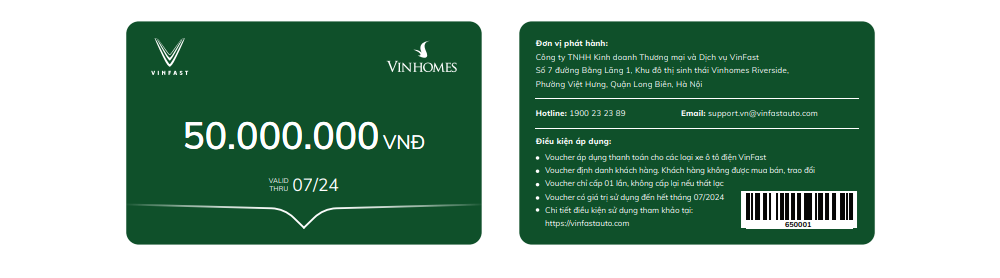 Voucher Vinhomes mua xe VinFast mệnh giá 50 triệu đồng